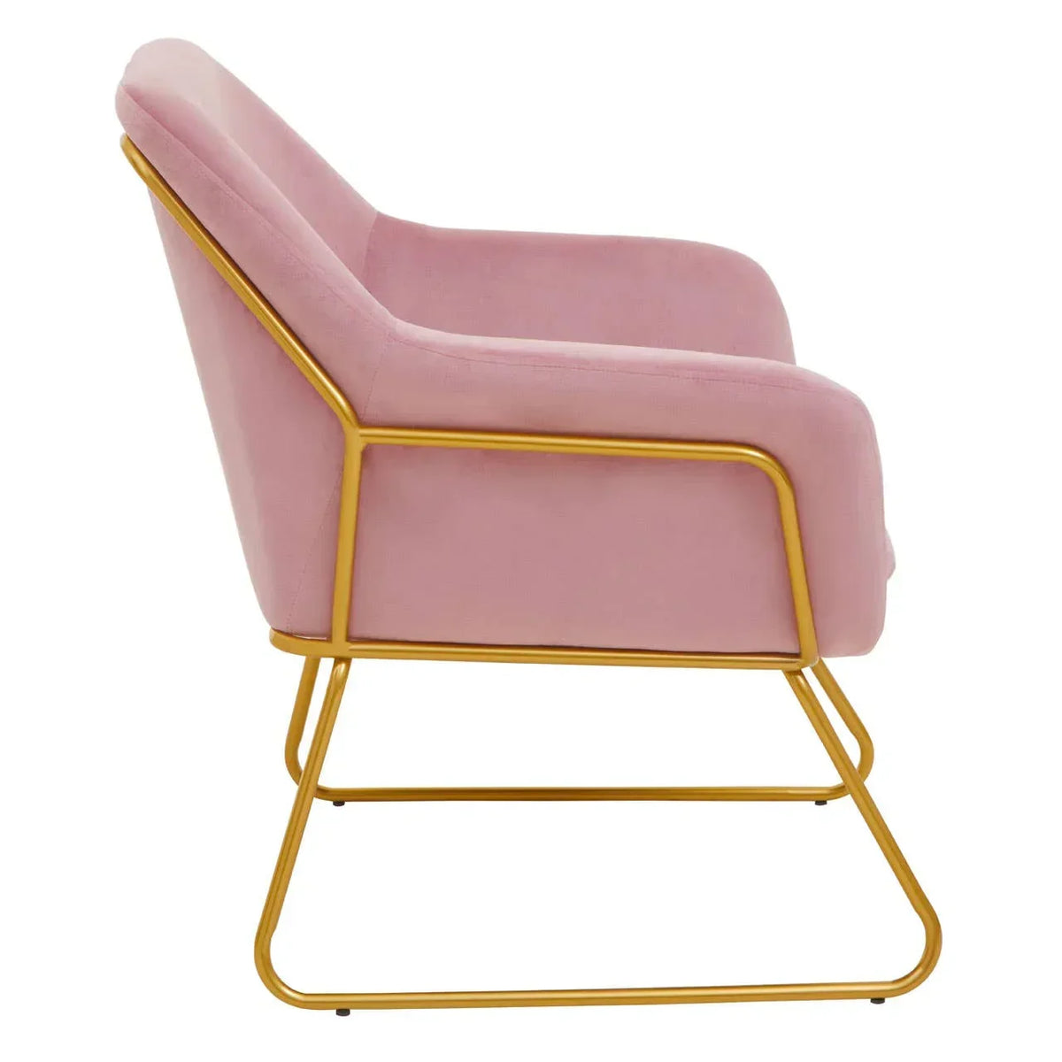 Pink velvet accent chair with gold metal frame, side view