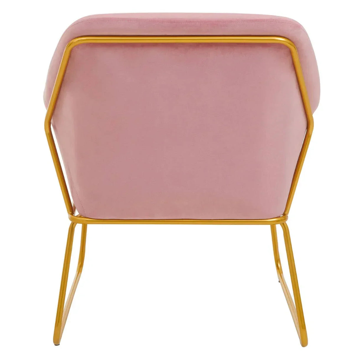 Pink velvet accent chair with gold metal frame and angled back view
