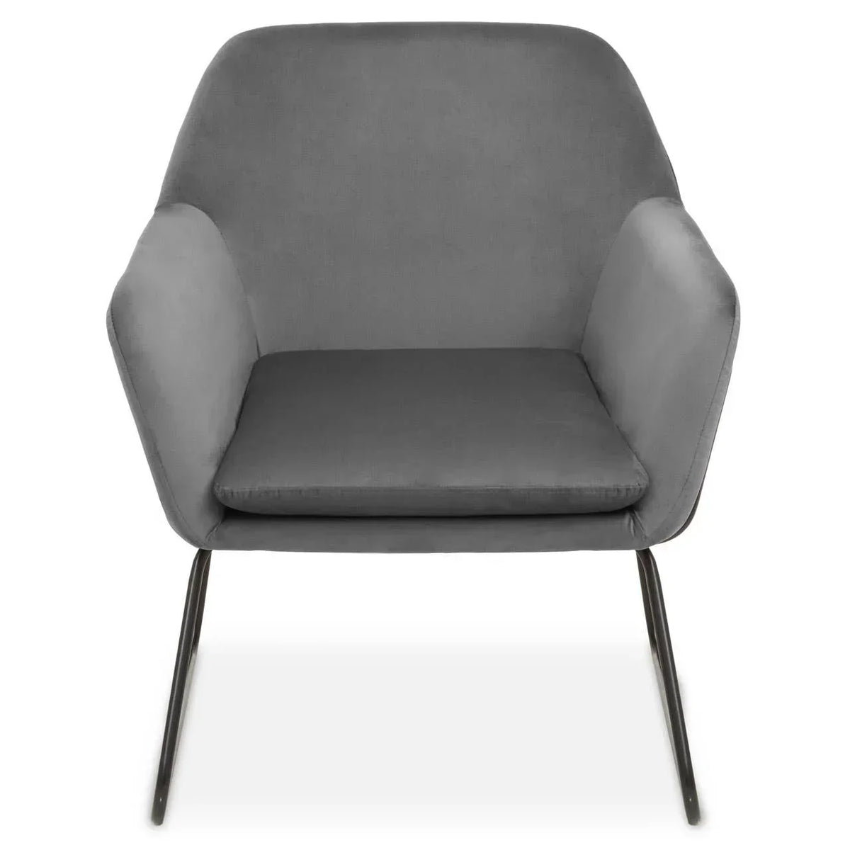 Grey velvet accent chair with metal legs, front view highlighting cushioned seat and back