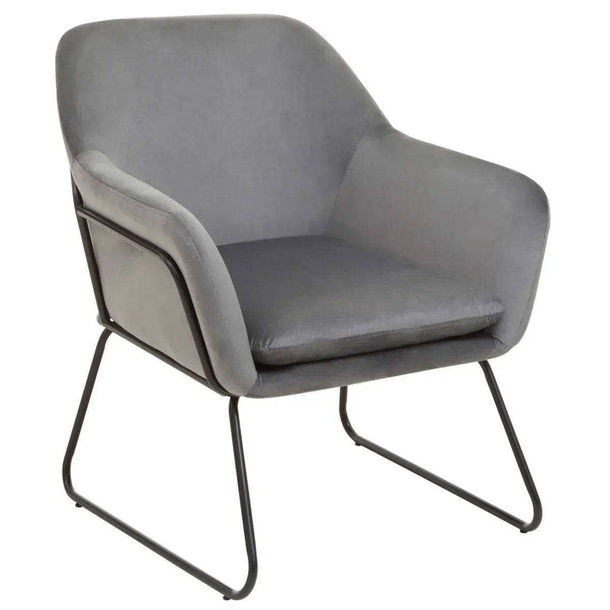 Grey velvet accent chair with black metal legs and curved armrests