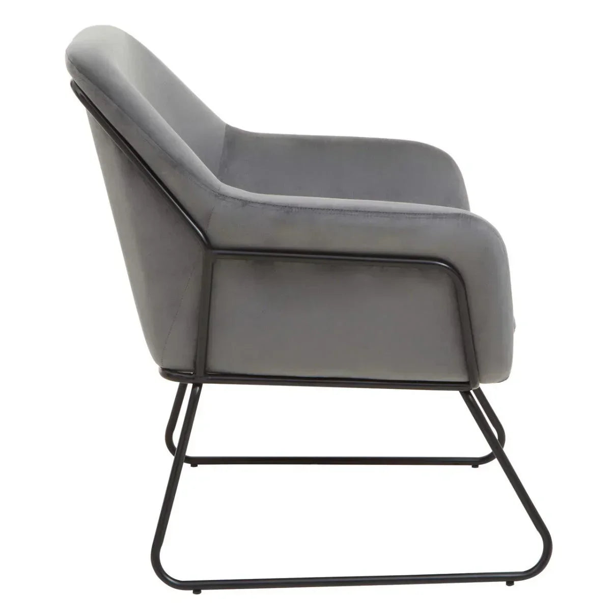 Grey accent chair with metal frame and upholstered seat, side profile view