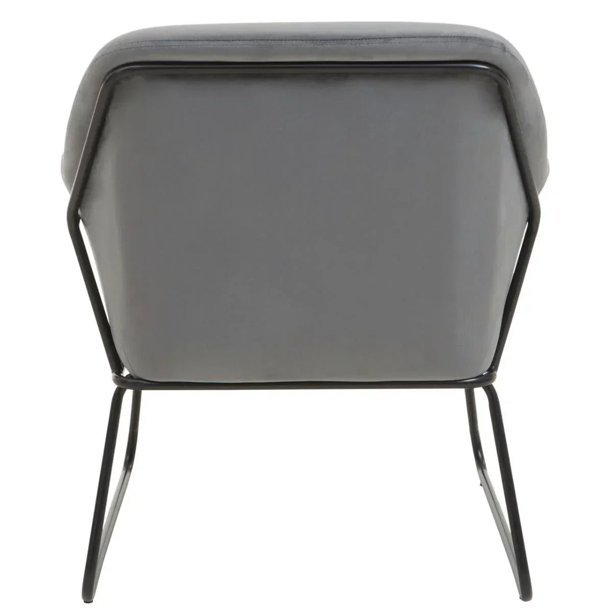 Grey accent chair with metal frame, rear view highlighting modern design