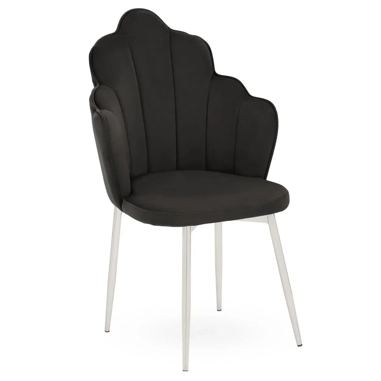 Black velvet dining chair with scalloped backrest and slim silver metal legs