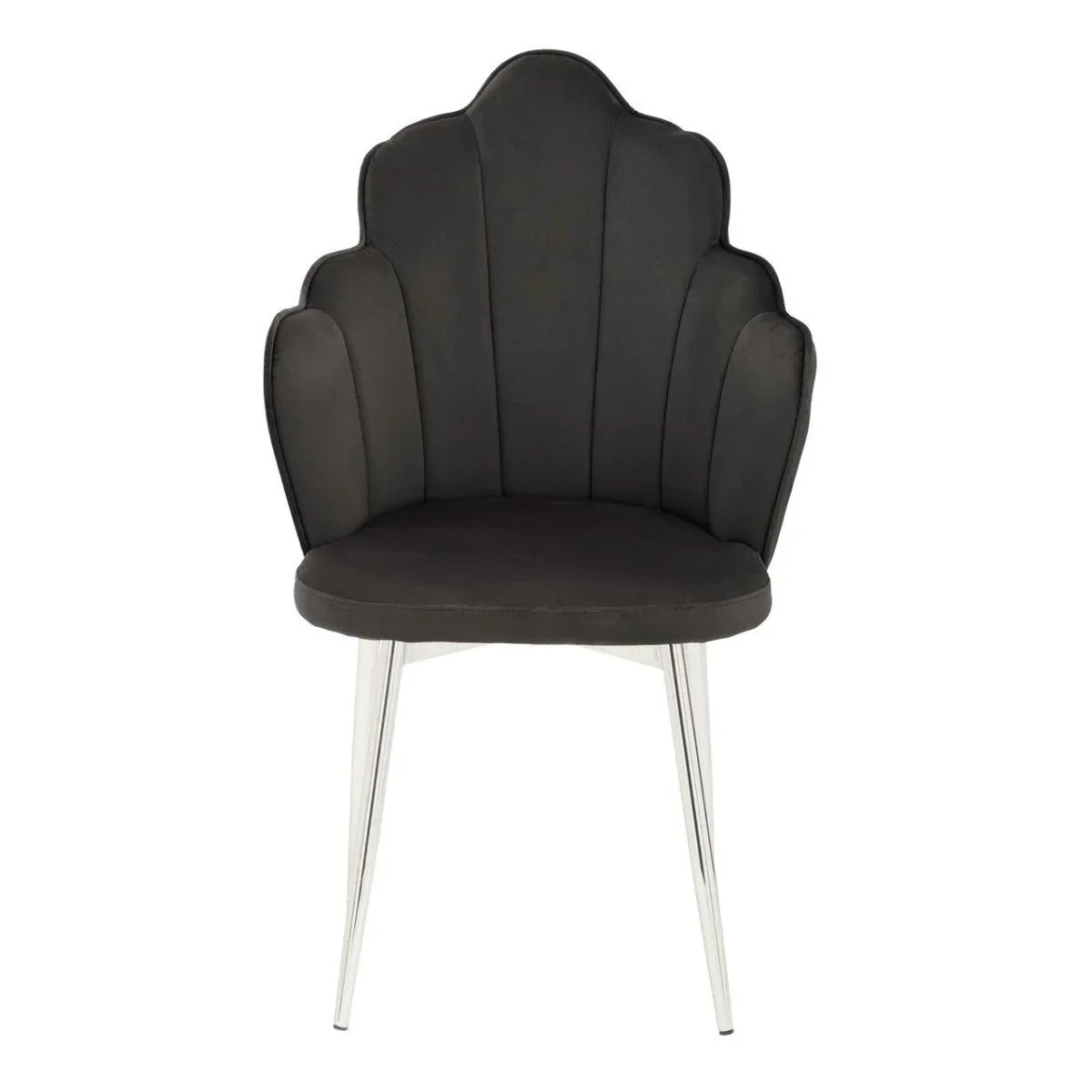 Black velvet accent chair with scalloped backrest and chrome legs, front view