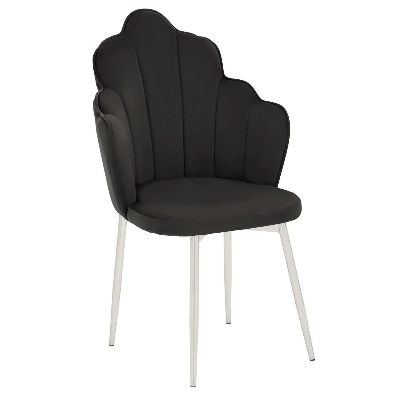 Black velvet dining chair with scalloped backrest and slim silver metal legs