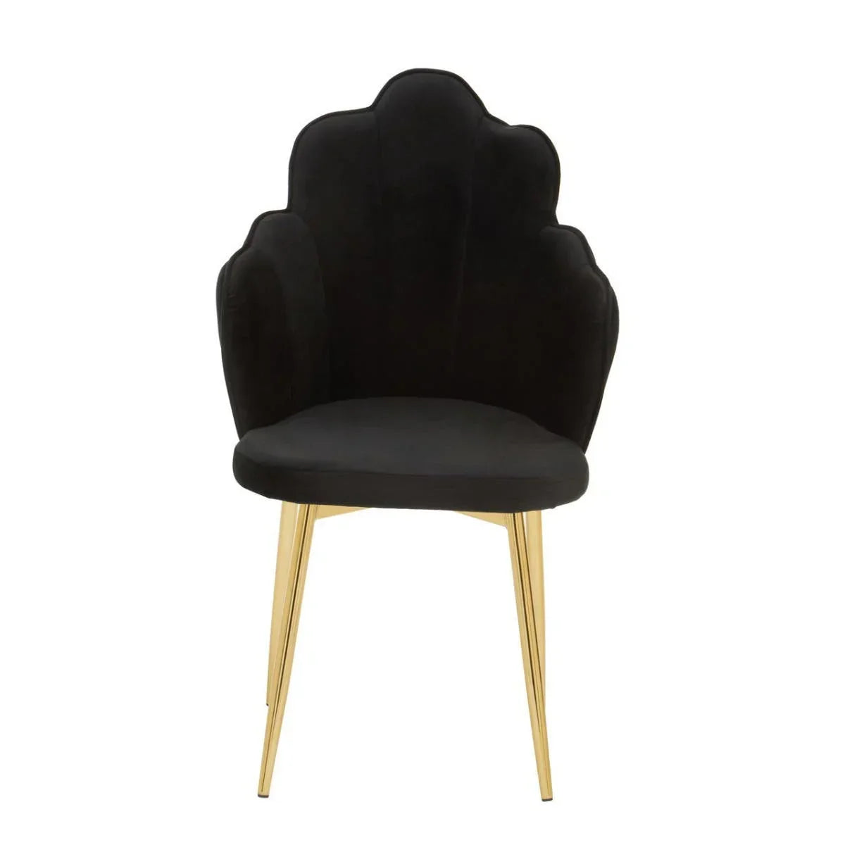 Black velvet accent chair with gold metal legs and scalloped backrest, front view