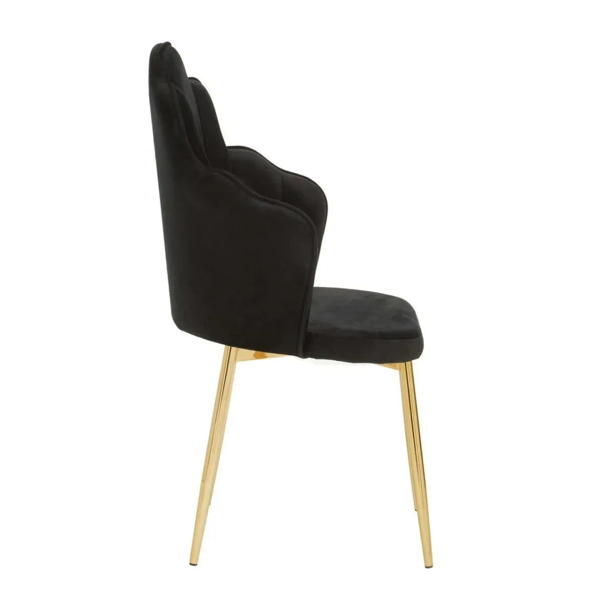 Black velvet dining chair with gold metal legs, side view