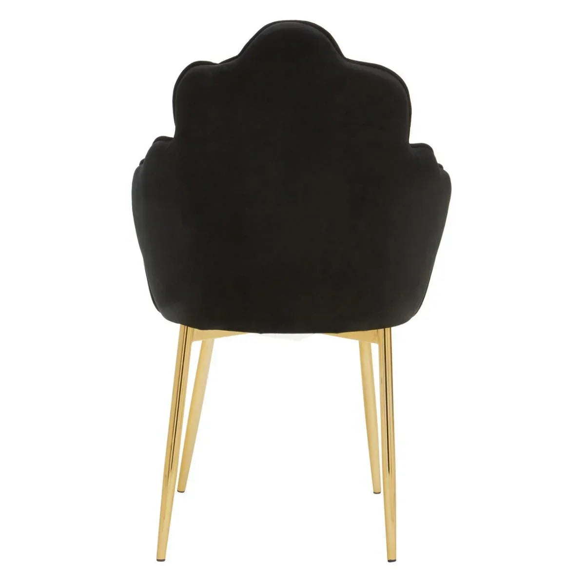 Black velvet accent chair with scalloped back and gold metal legs, rear view