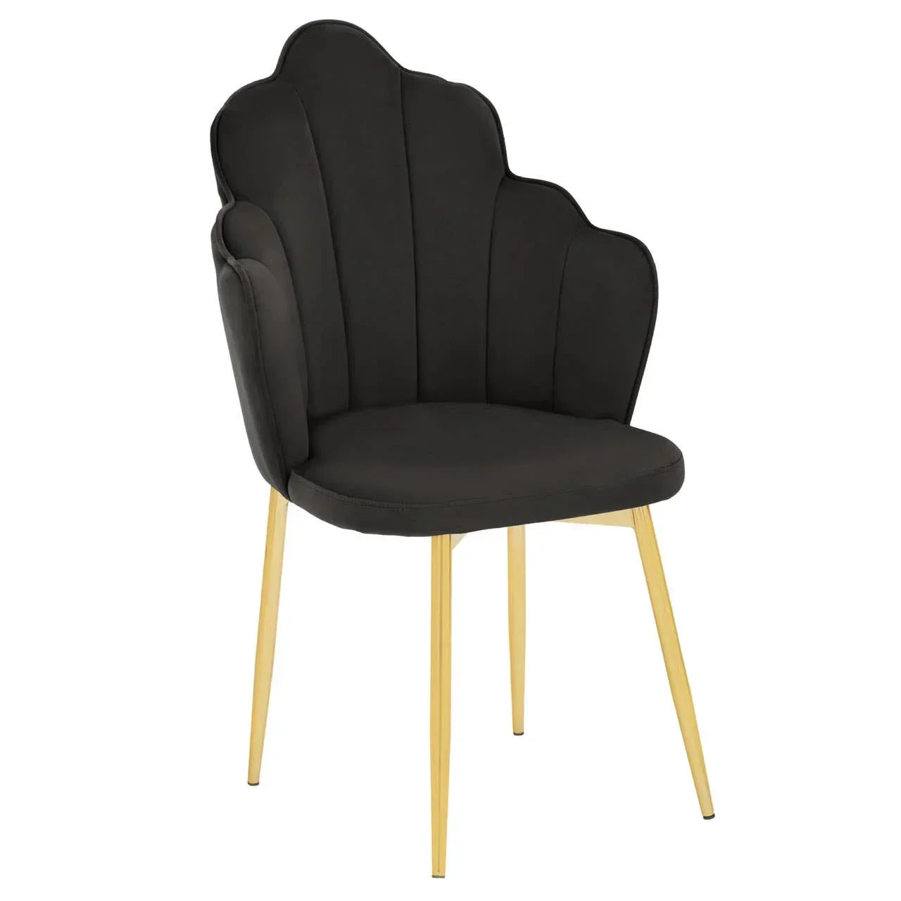 Black velvet accent chair with scalloped back and gold metal legs