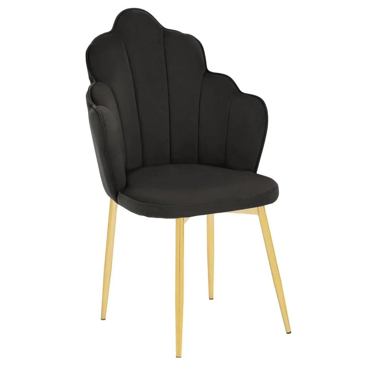 Black velvet dining chair with scalloped back, channel stitching and gold metal legs, angled view