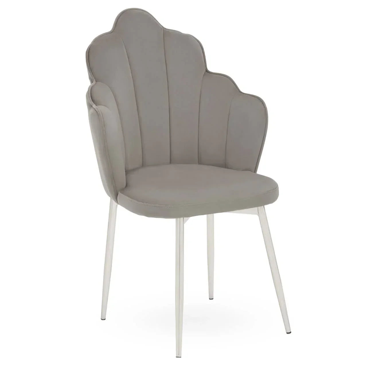 Grey velvet dining chair with scalloped backrest and white metal legs