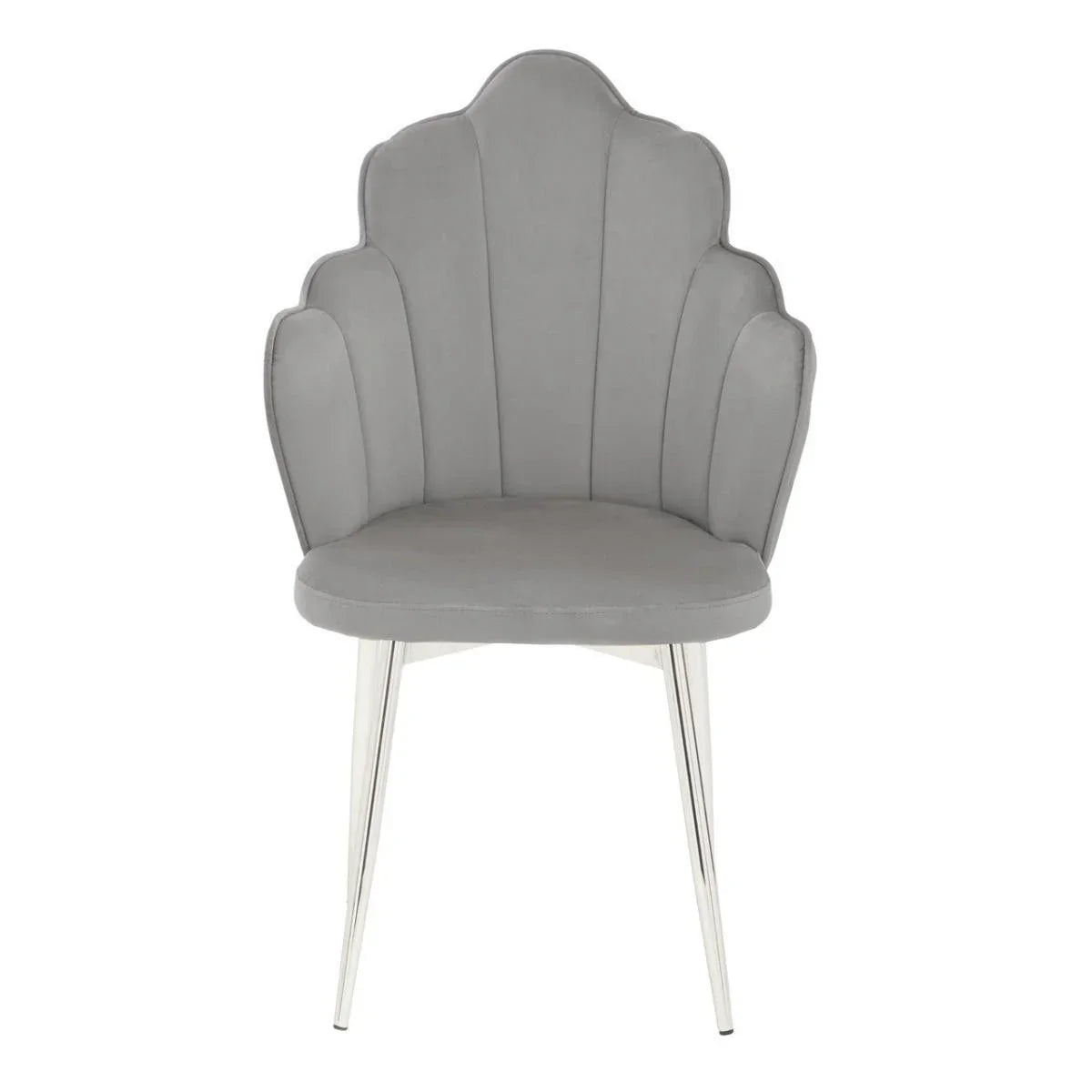 Grey velvet accent chair with scalloped backrest and chrome legs, front view