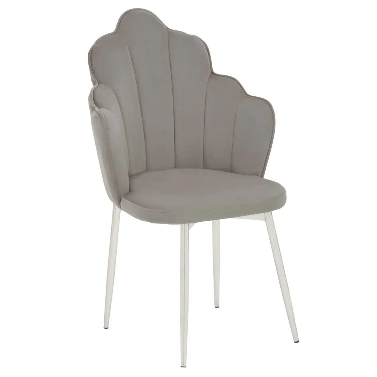 Grey upholstered dining chair with scalloped backrest and white metal legs