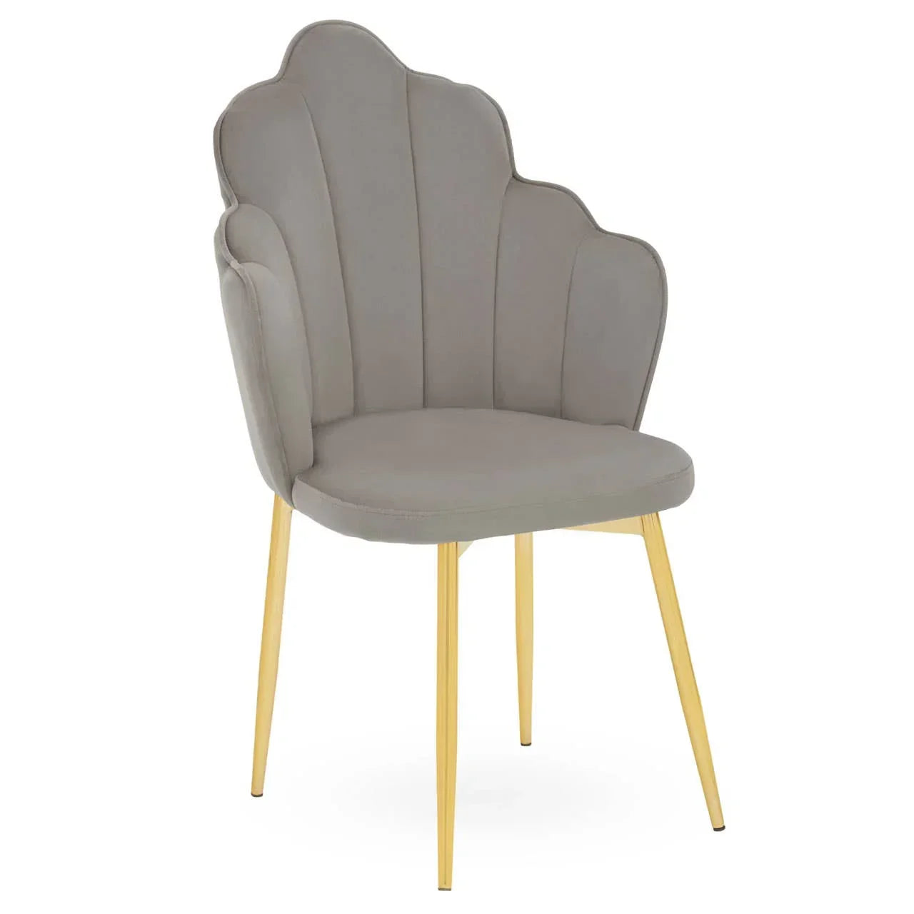 Grey velvet dining chair with scalloped backrest and gold metal legs