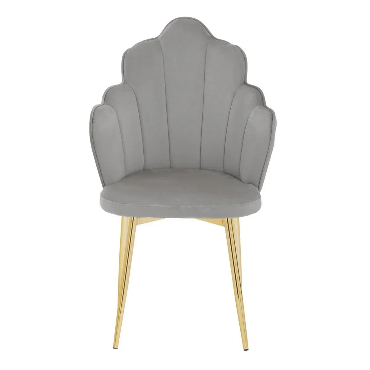 Grey velvet accent chair with scalloped backrest and gold metal legs, front view
