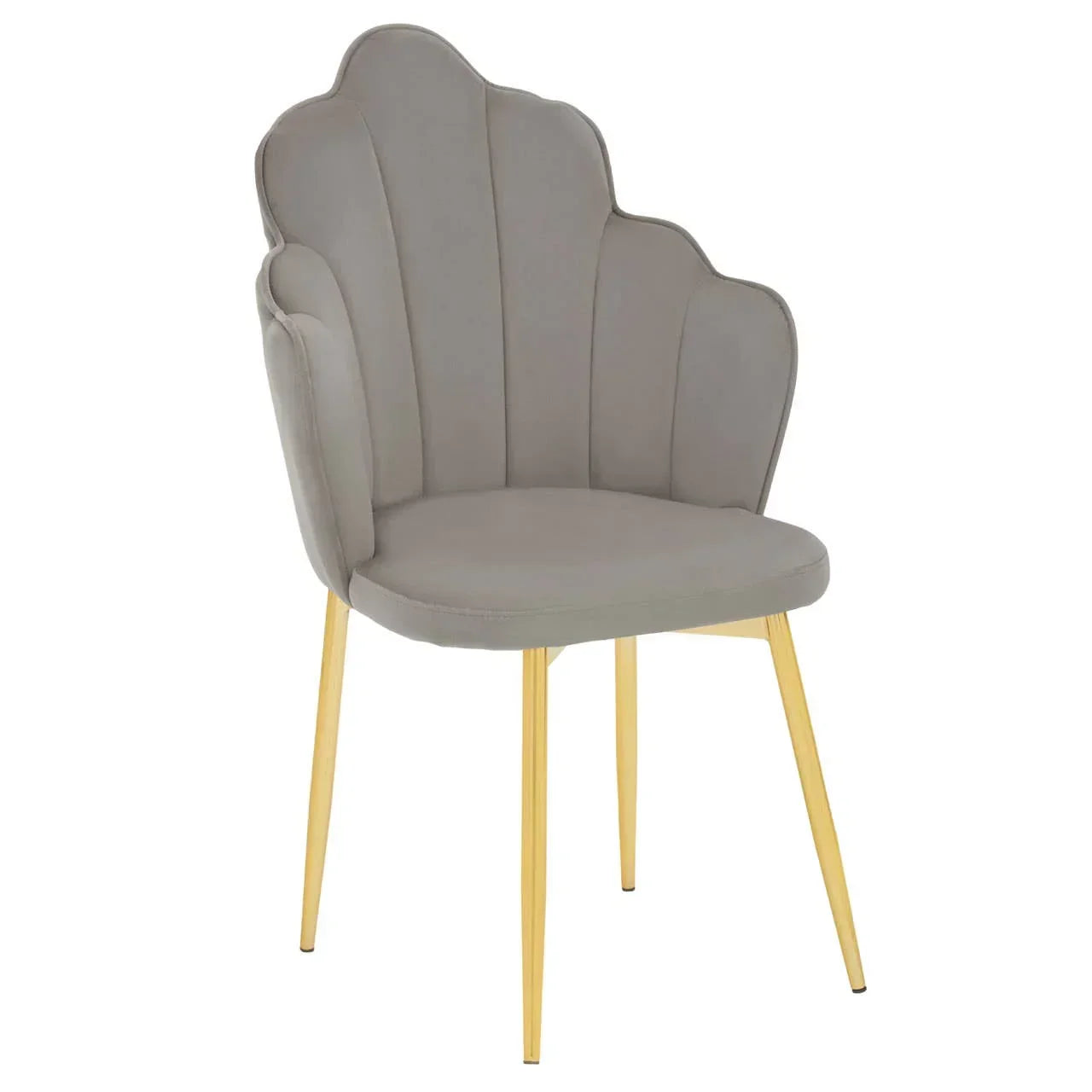 Grey velvet dining chair with scalloped backrest and gold metal legs