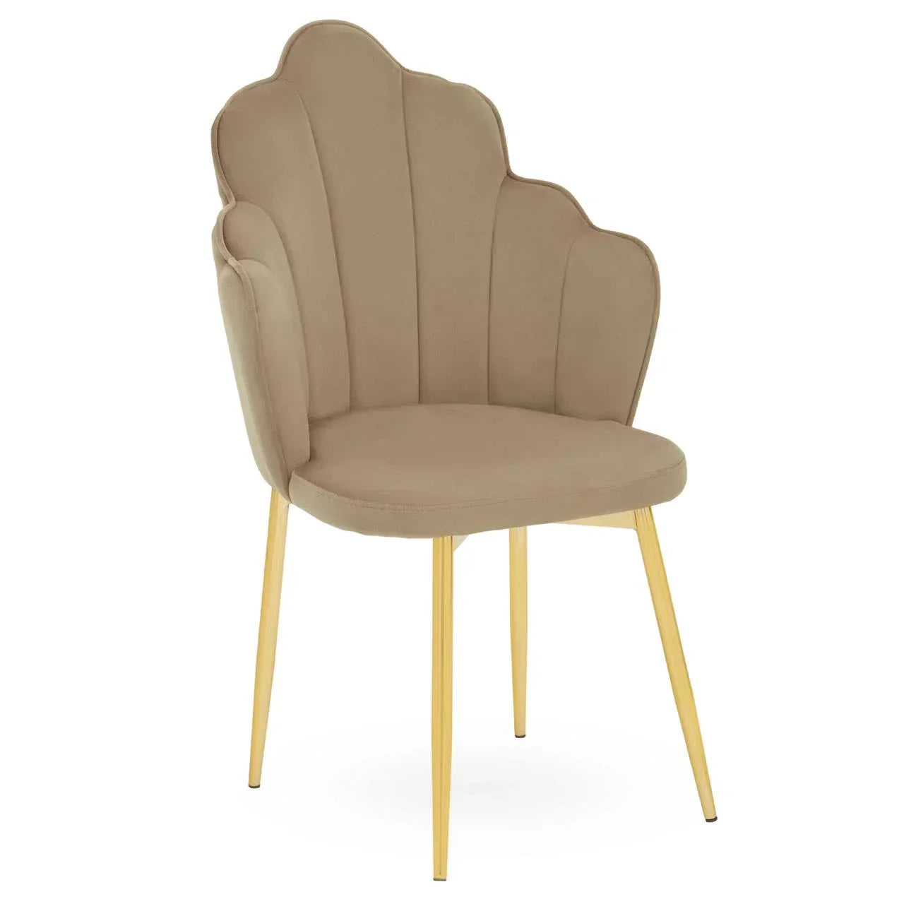 Beige velvet accent chair with scalloped back and gold metal legs
