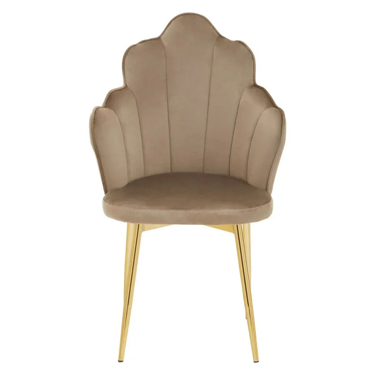 Beige velvet accent chair with scalloped backrest and gold metal legs, front view