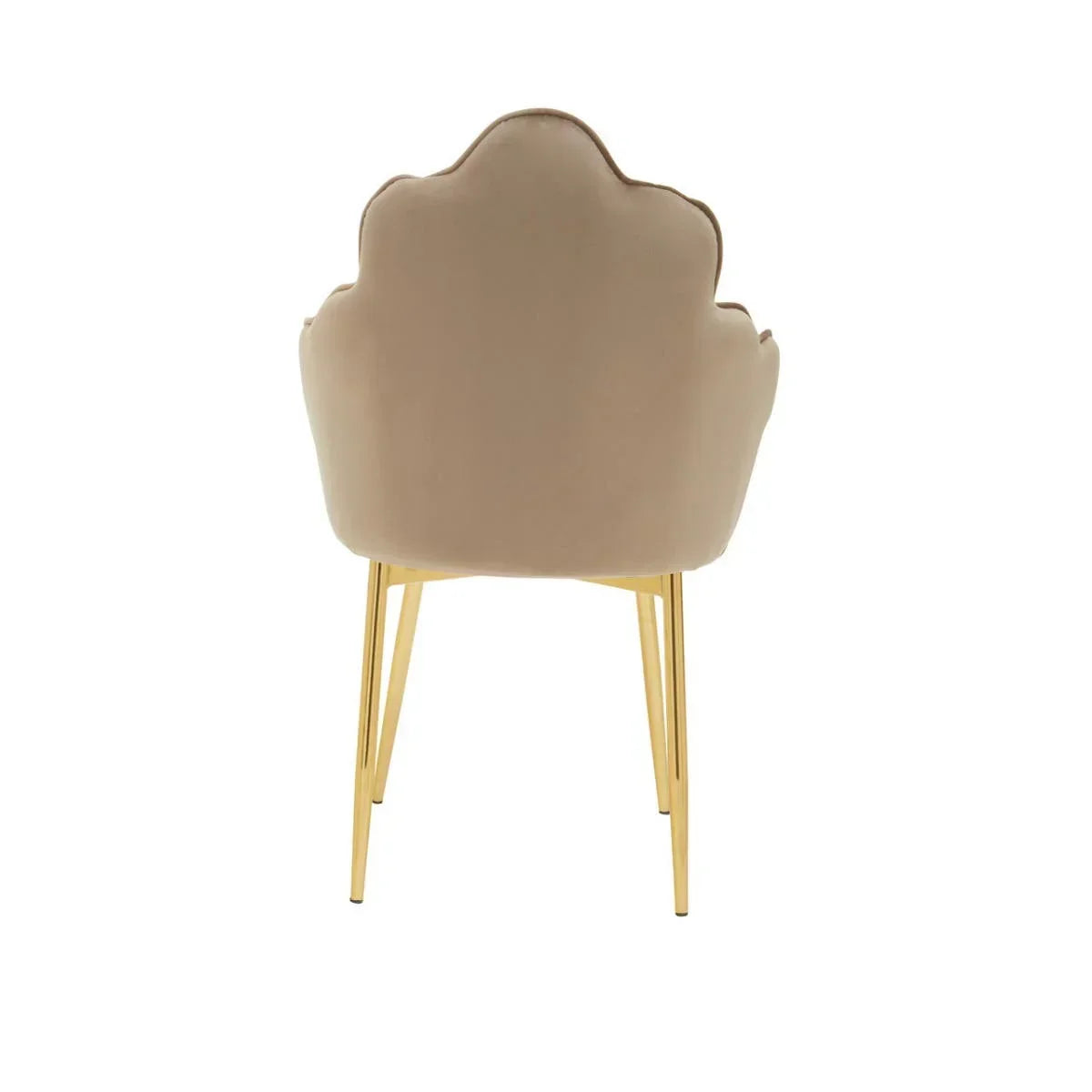 Beige velvet accent chair with scalloped back and gold metal legs, rear view