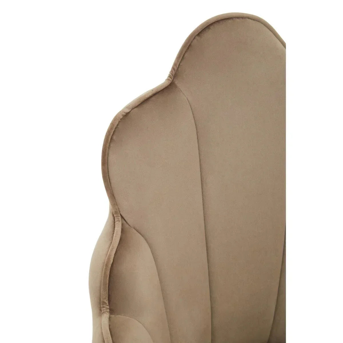 Close view of taupe upholstered armchair backrest with plush, curved detailing