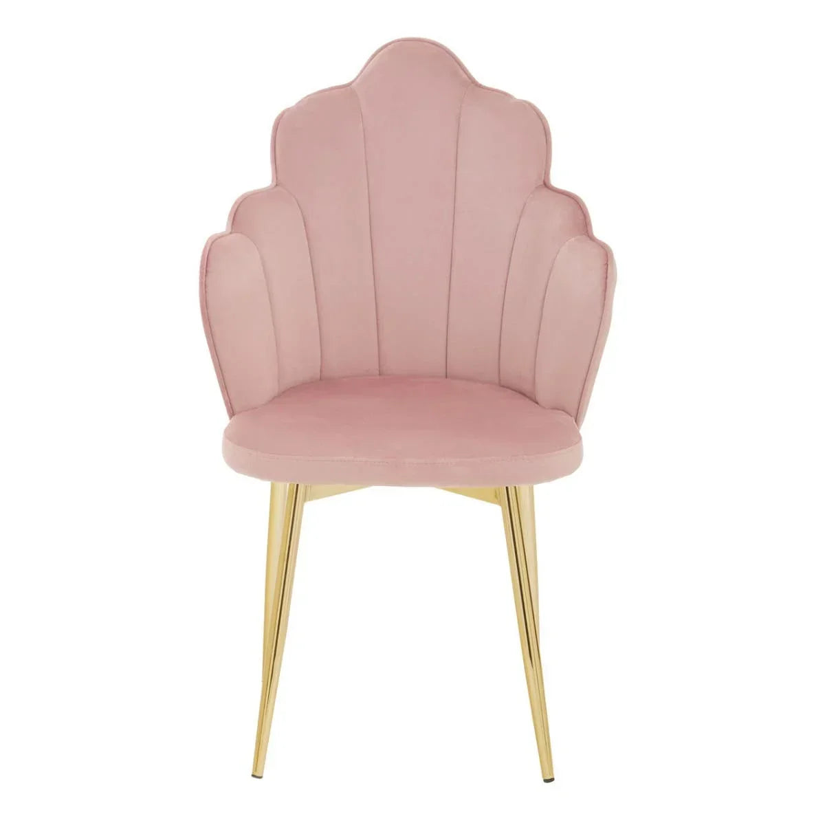 Pink velvet accent chair with scalloped backrest and gold metal legs, front view