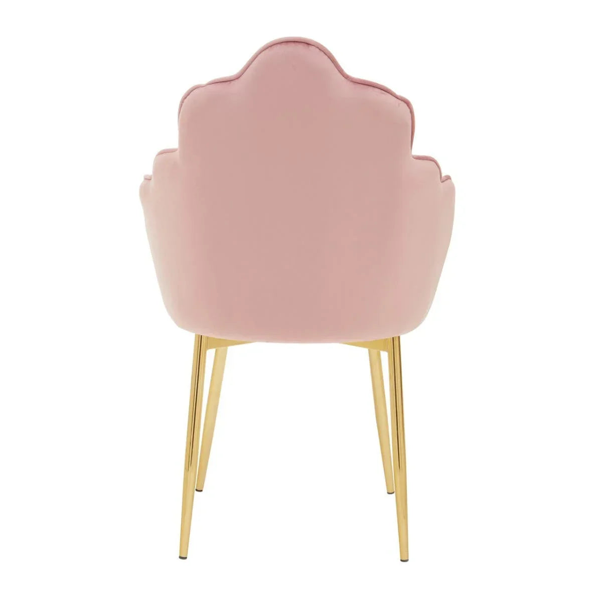 Pink velvet accent chair with scalloped back and gold metal legs, rear view