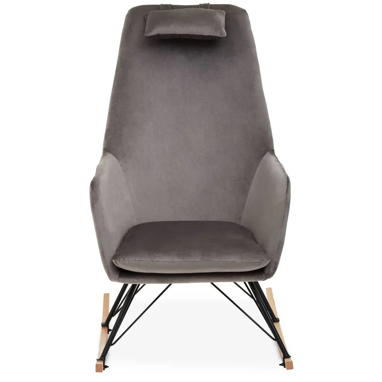 Grey velvet accent chair with headrest and metal rocker legs, viewed from the front