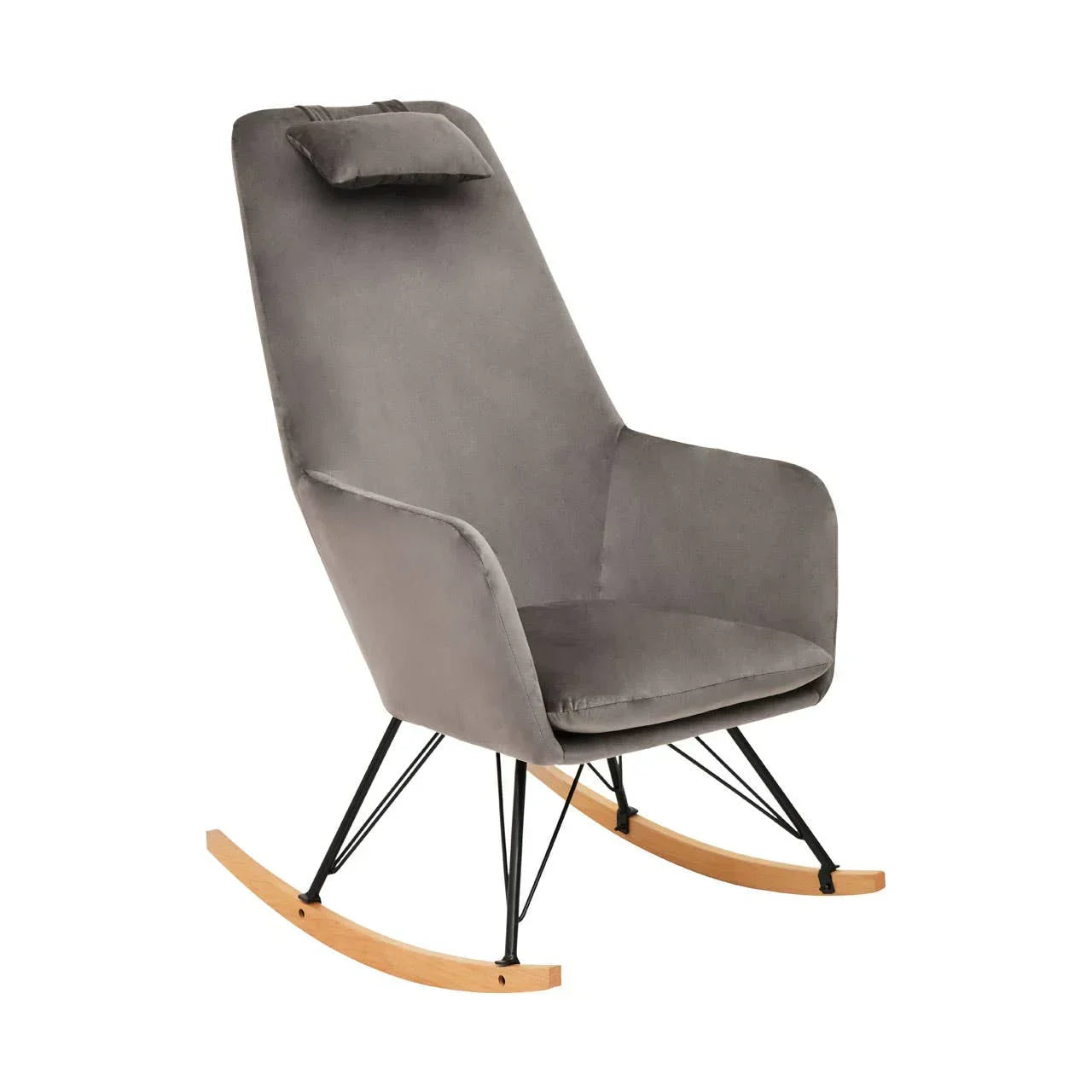 Grey velvet rocking chair with padded seat, metal legs, and curved wooden rockers