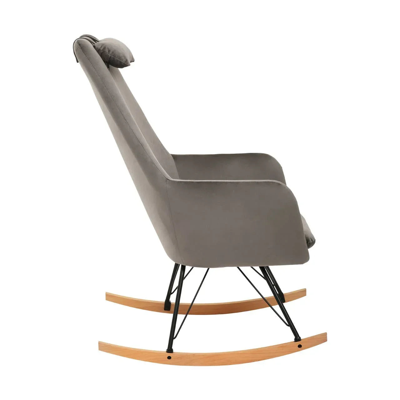 Grey velvet rocking chair with wooden runners and black metal legs side view