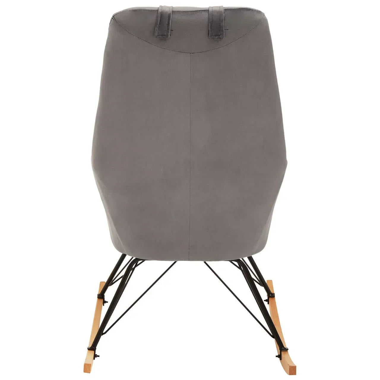 Grey dining chair with upholstered back and wooden rocking legs, rear view