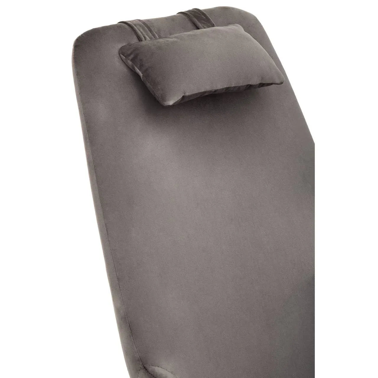 Grey velvet recliner chair backrest with attached headrest cushion