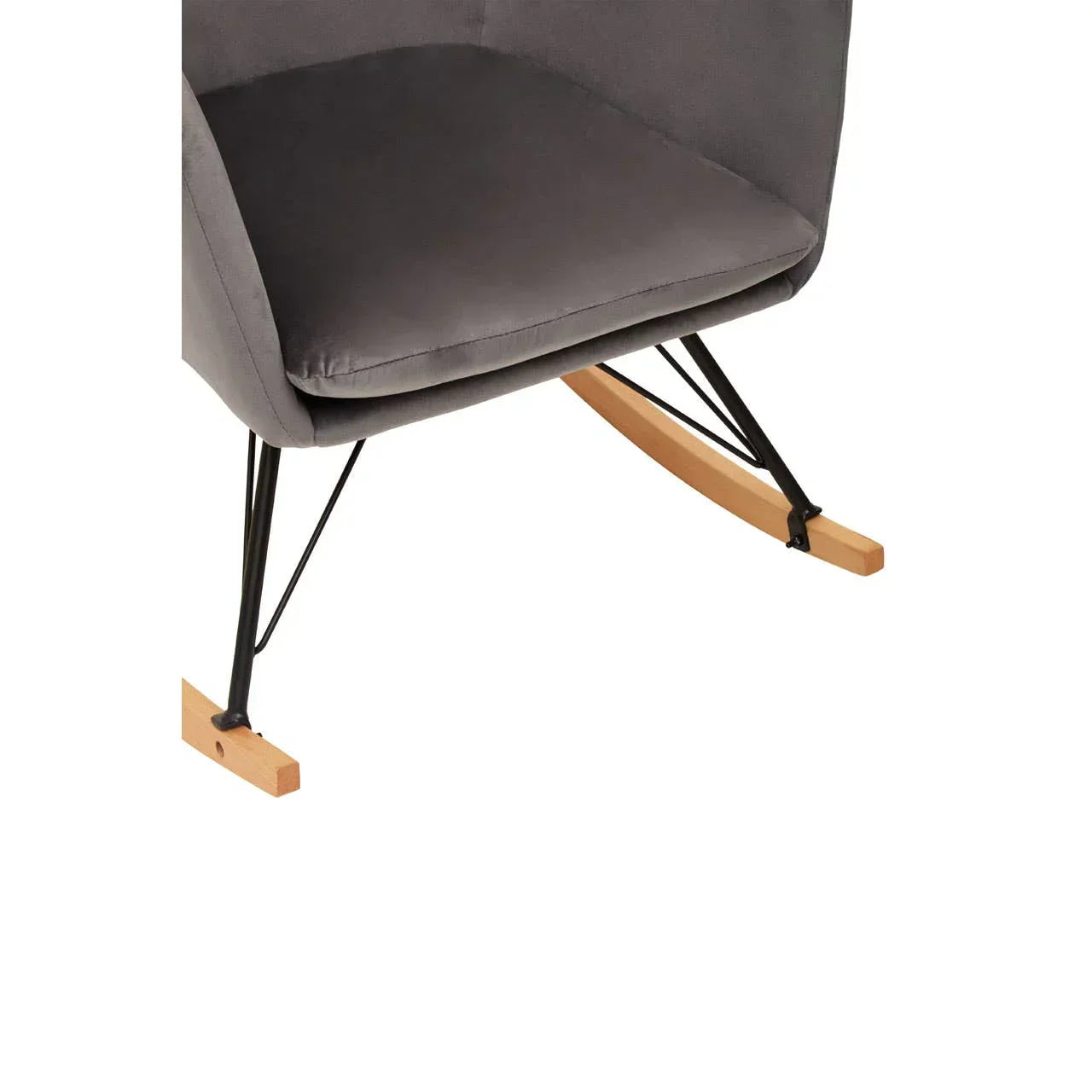 Grey fabric rocking chair seat with metal legs and curved wooden runners