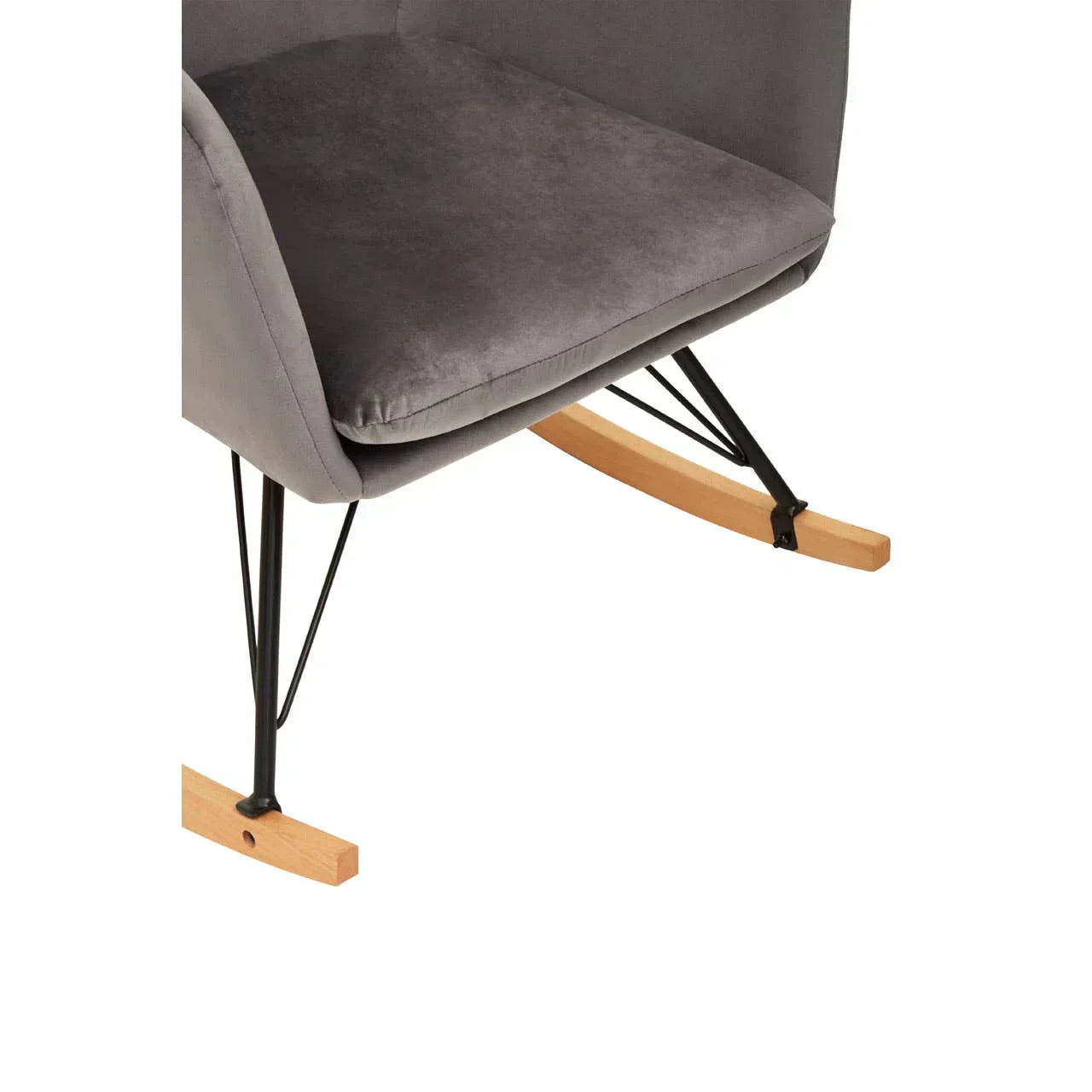 Grey velvet rocking chair with black metal legs and light wood rockers, close-up view