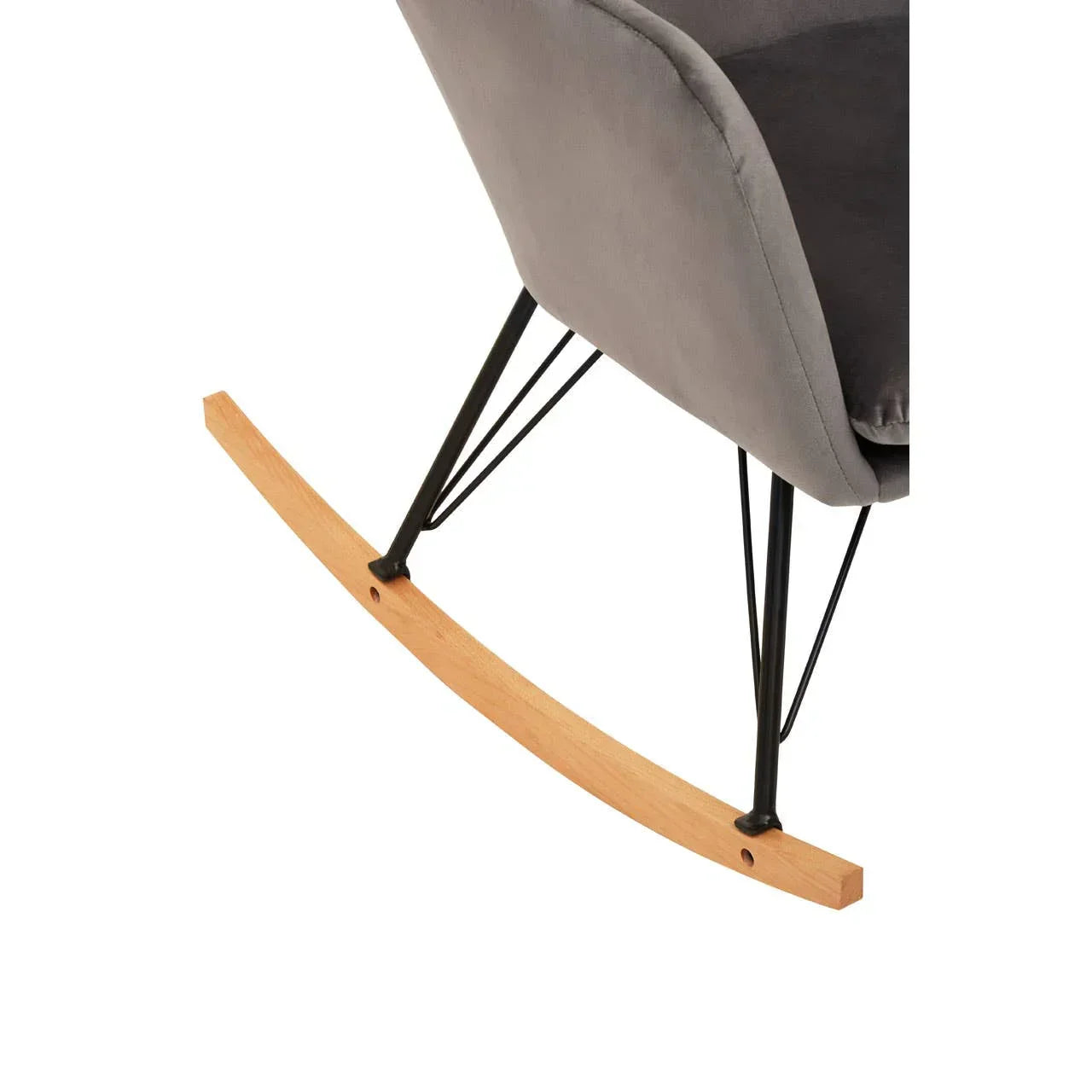 Grey fabric rocking chair with metal legs and natural wooden rocker base, close-up view