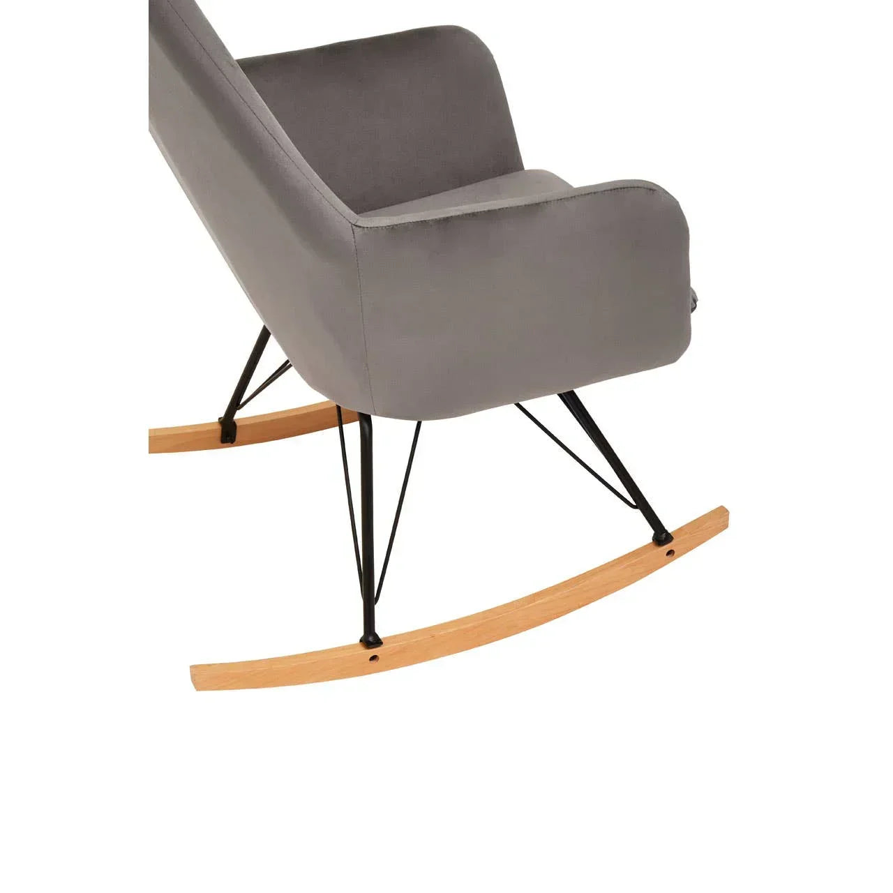 Grey fabric rocking chair with wooden curved legs and black metal supports, side view