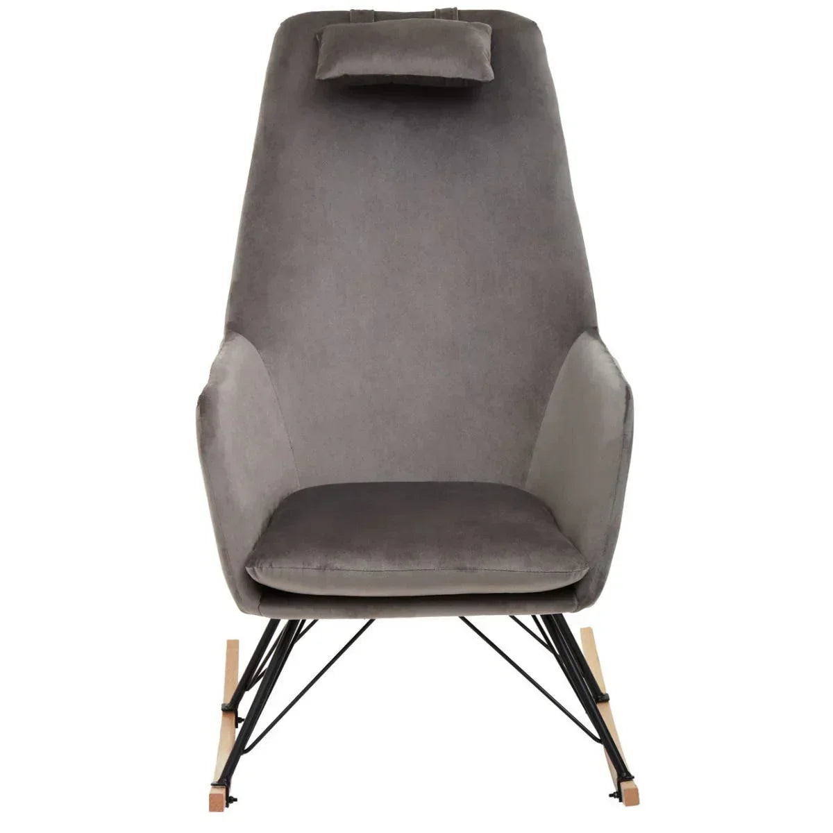 Grey velvet rocking chair with high backrest, armrests, metal frame, and head cushion