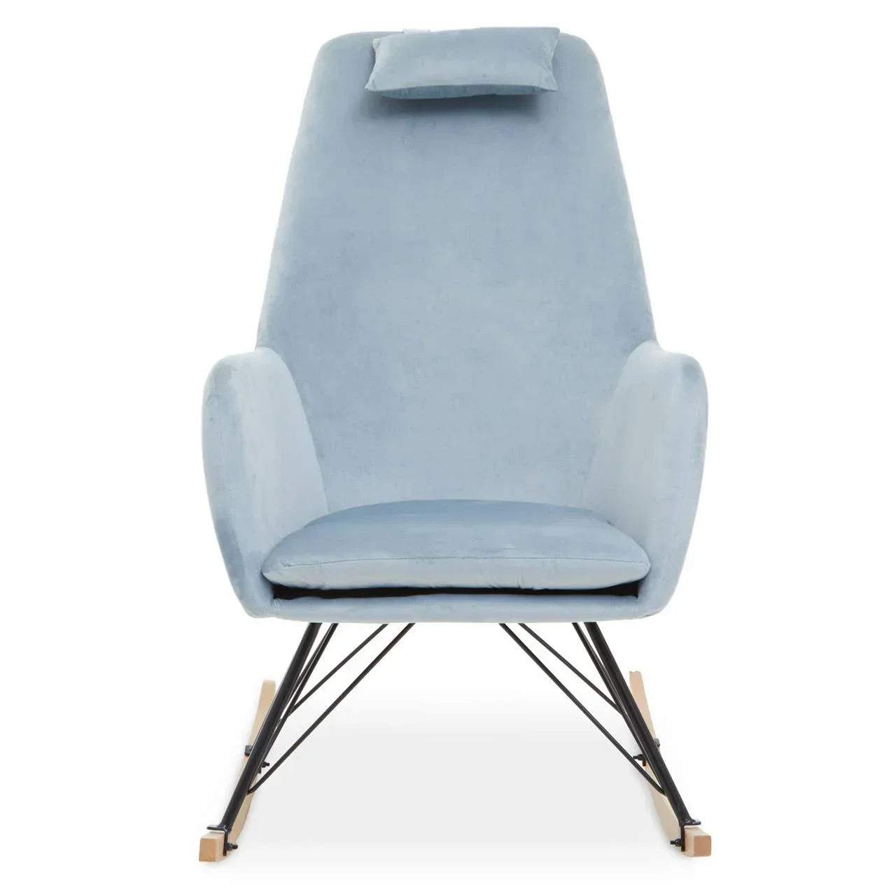 Light blue velvet rocking chair with high backrest, black metal frame and wooden runners