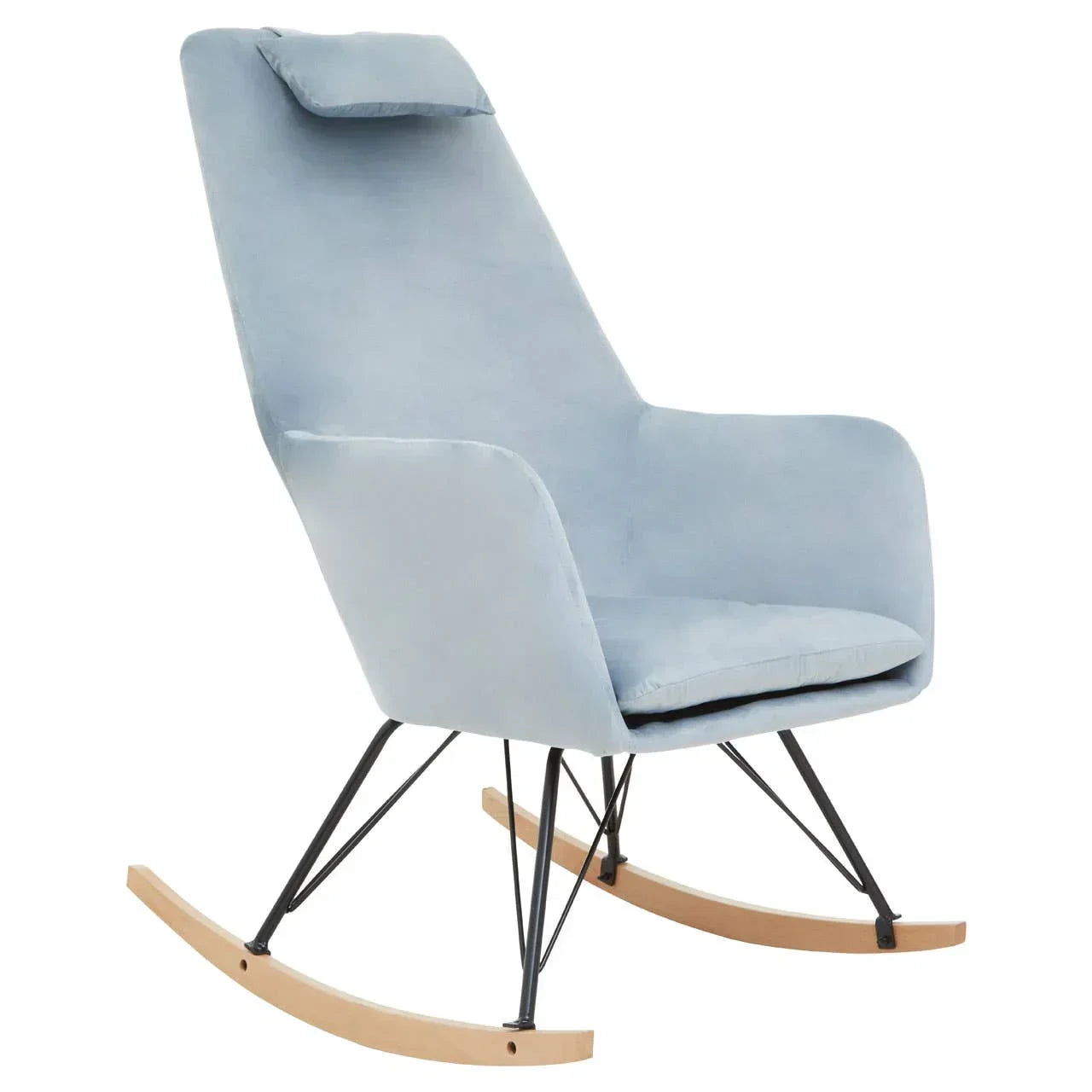 Light blue velvet rocking chair with cushioned seat, black metal legs, and wooden rockers