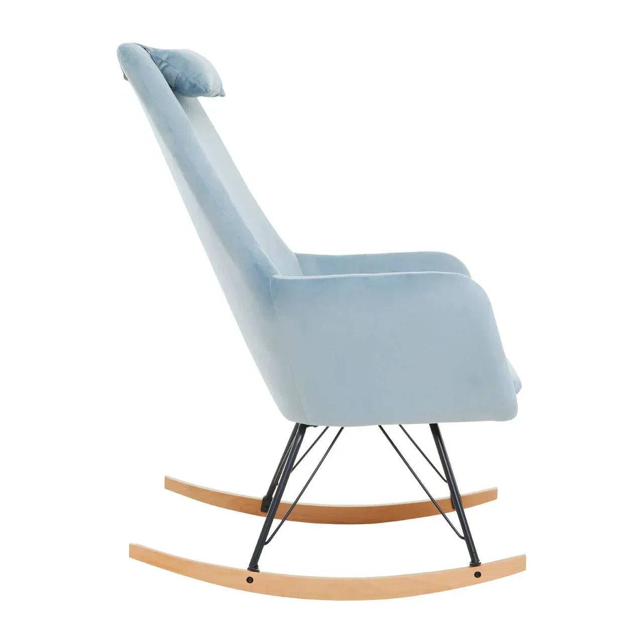 Light blue fabric rocking chair with wooden legs and high backrest, side view