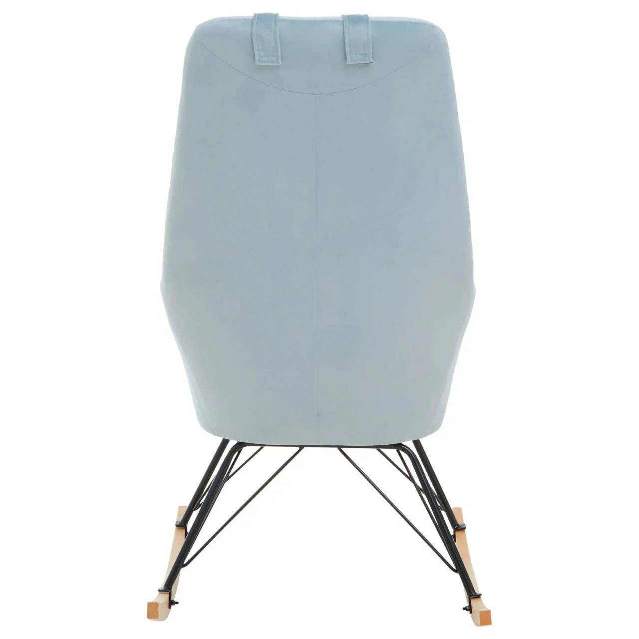 Back view of light blue accent chair with metal and wood rocking legs