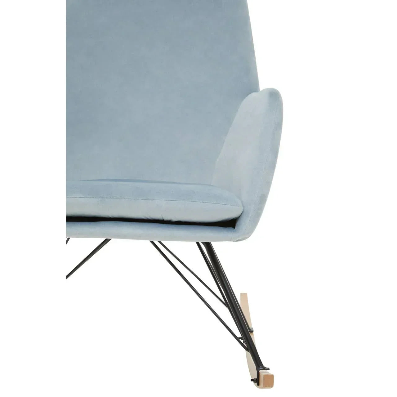 Light blue velvet rocking chair with metal frame and wooden rocker base, close-up view