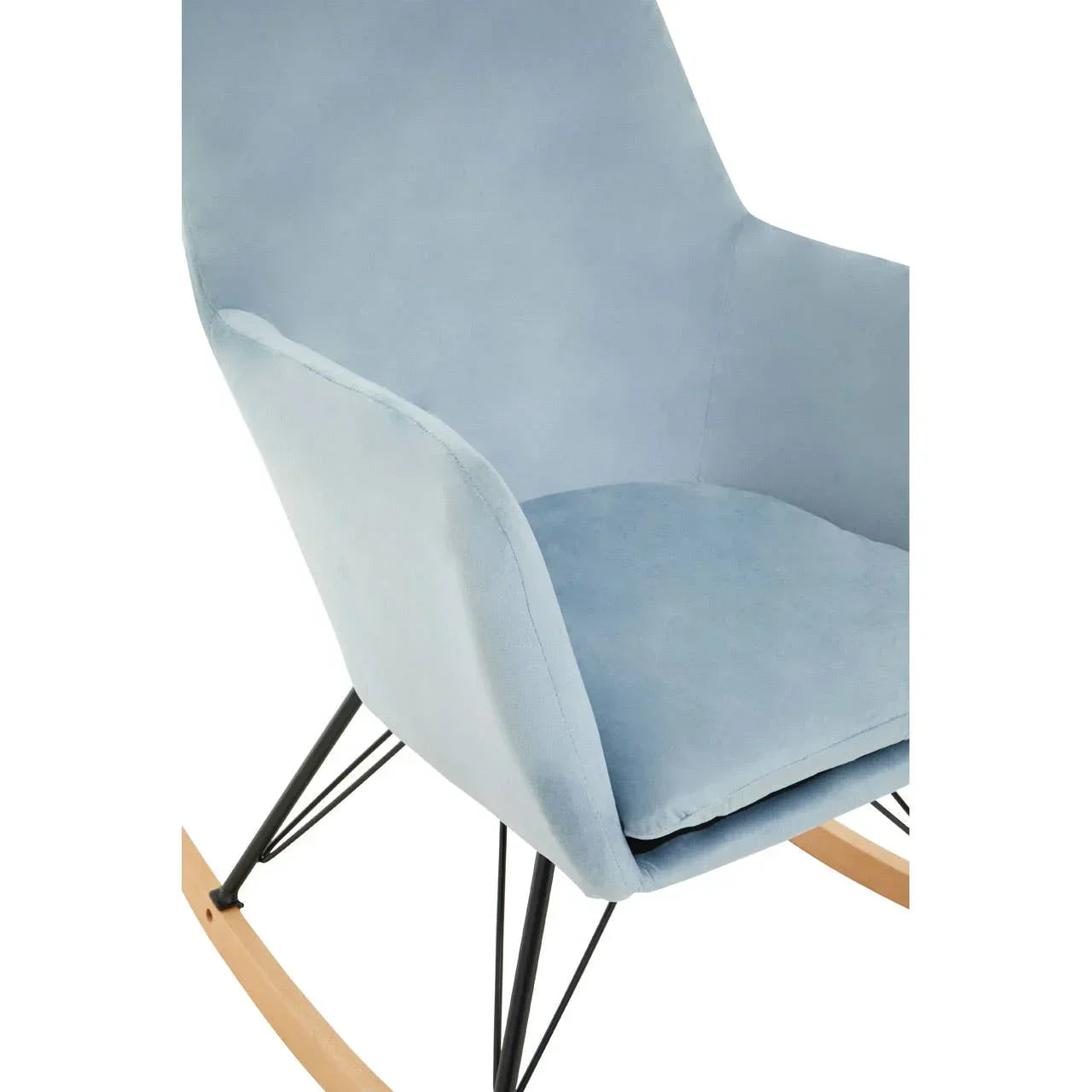 Light blue upholstered rocking chair with wooden runners and metal frame, side angle view