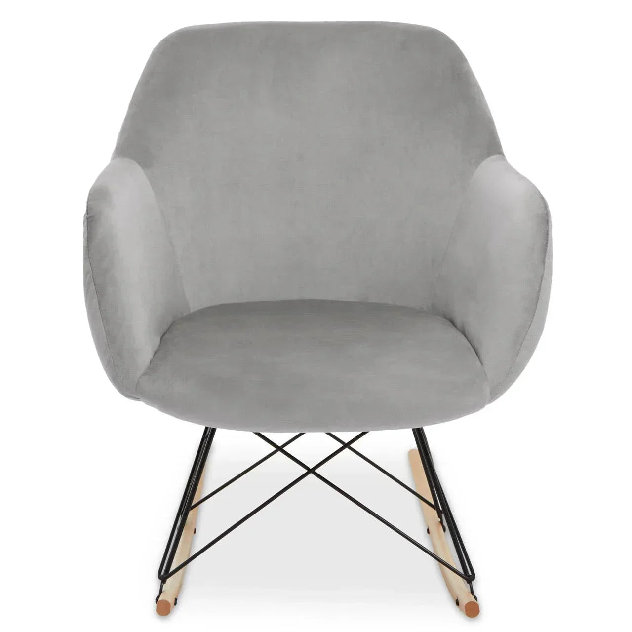 Grey fabric accent chair with arms and black metal base on wooden rockers, front view