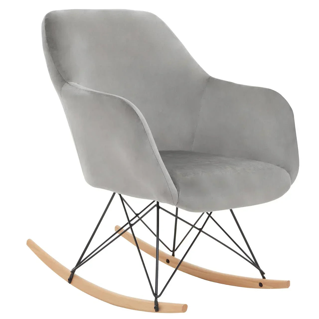 Grey upholstered rocking chair with wooden runners and black metal legs