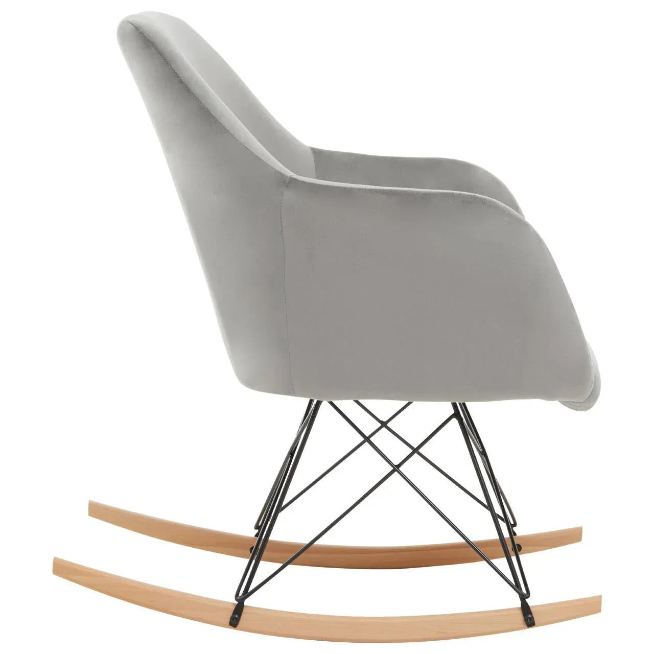 Grey fabric rocking chair with wooden runners and black metal frame, side view
