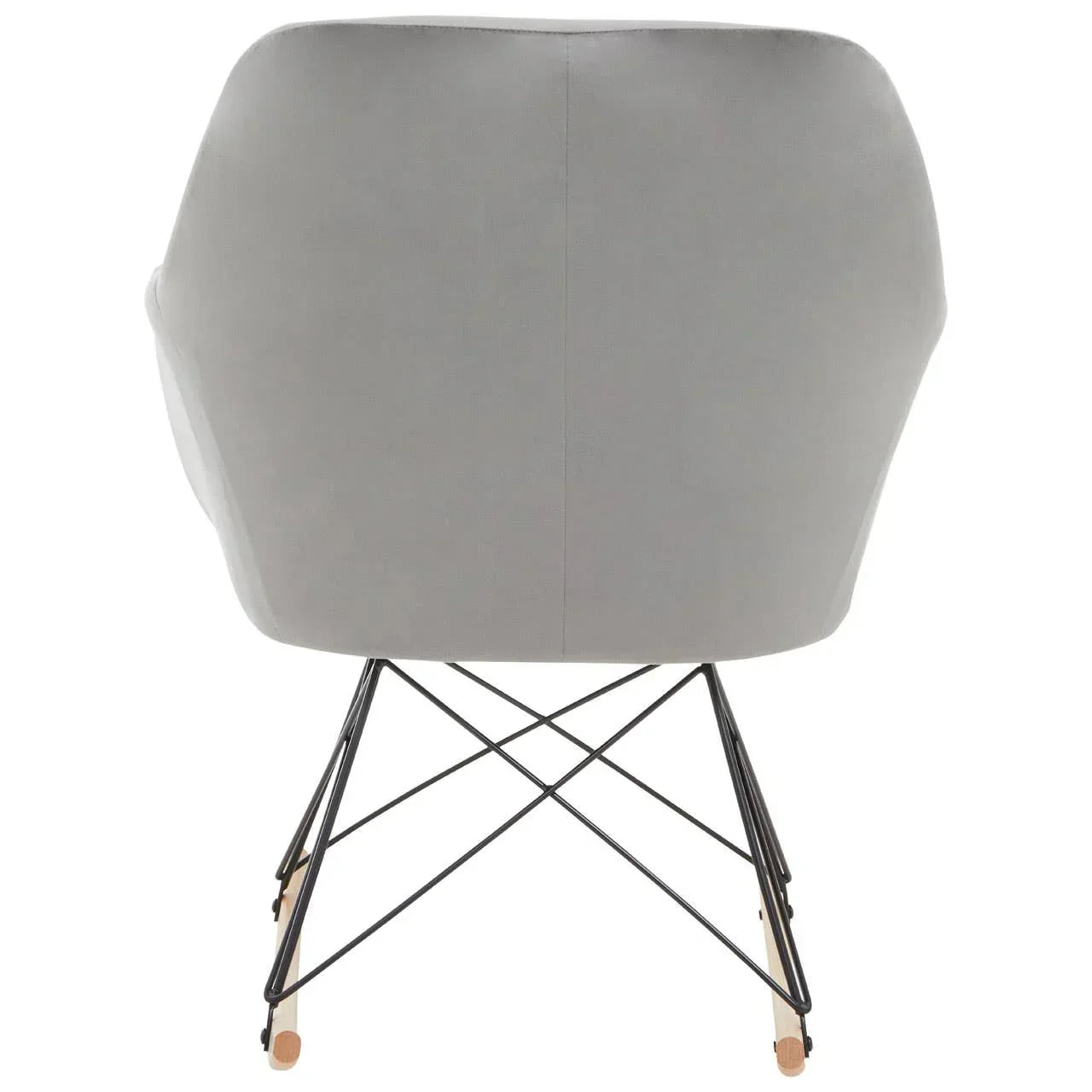 Back view of modern grey dining chair with metal legs and wooden accents
