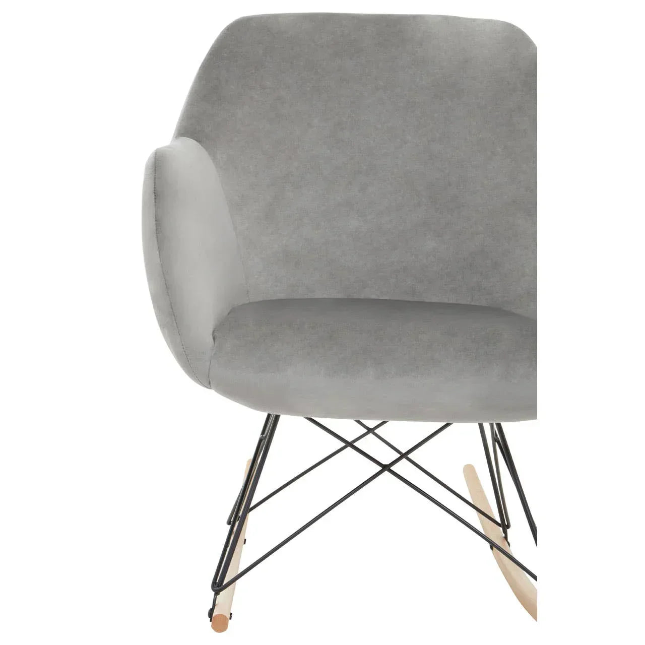 Grey fabric accent chair with curved backrest and black metal rocker legs