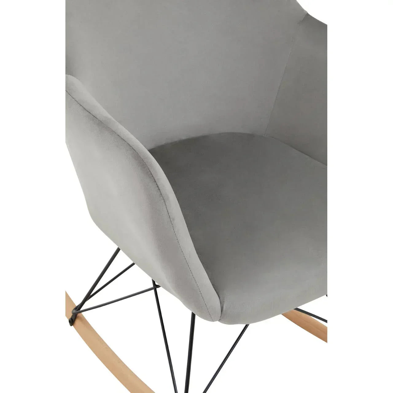 Grey fabric rocking chair with curved seat, black metal legs and wooden runners