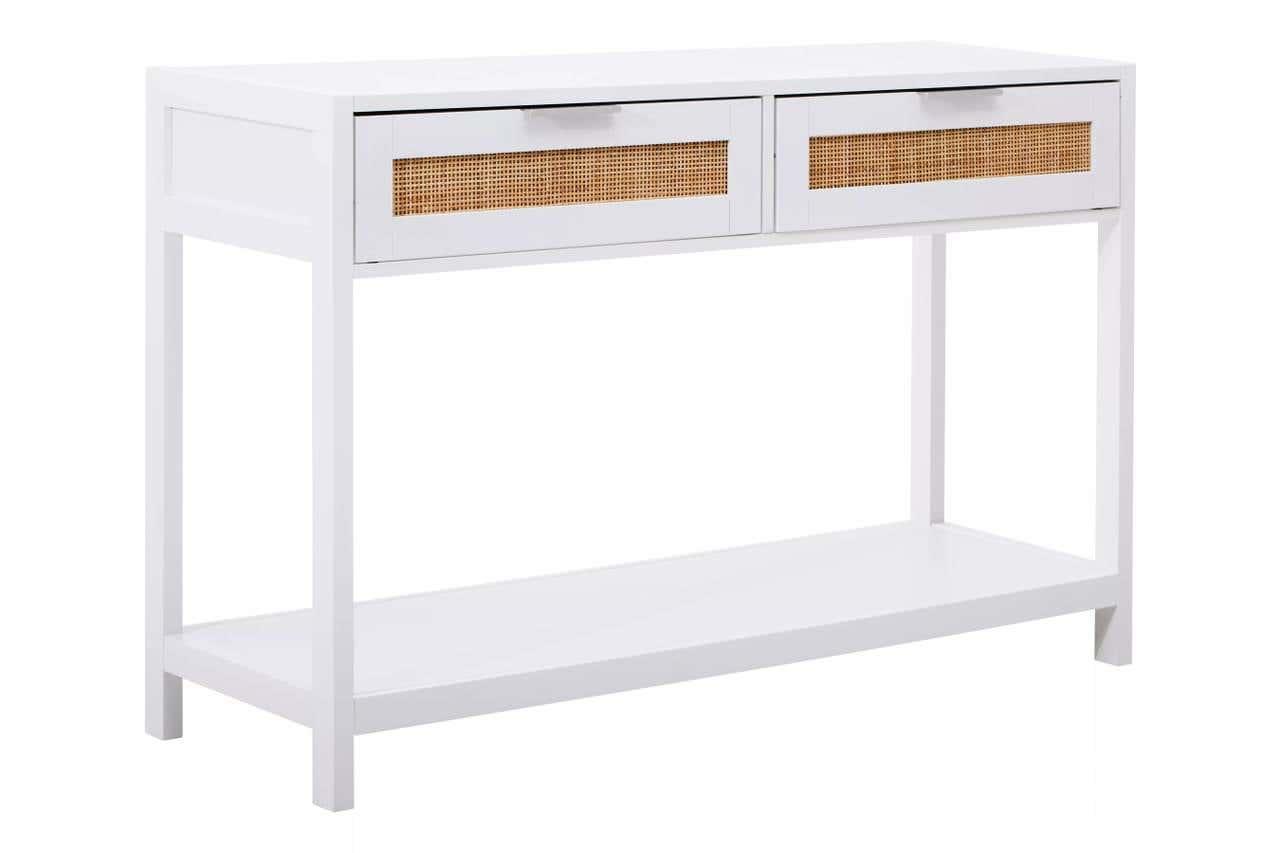 White console table with two rattan front drawers and lower shelf, angled side view