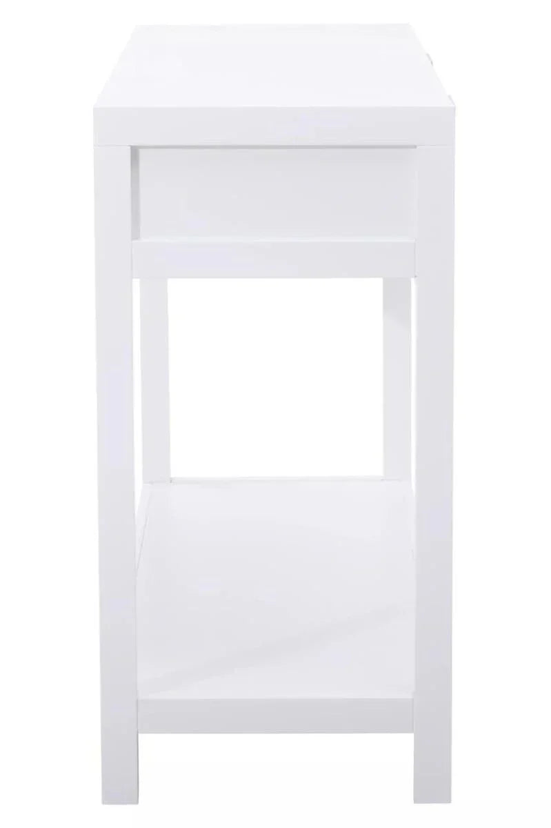 White wooden side table with lower shelf, shown from front angle
